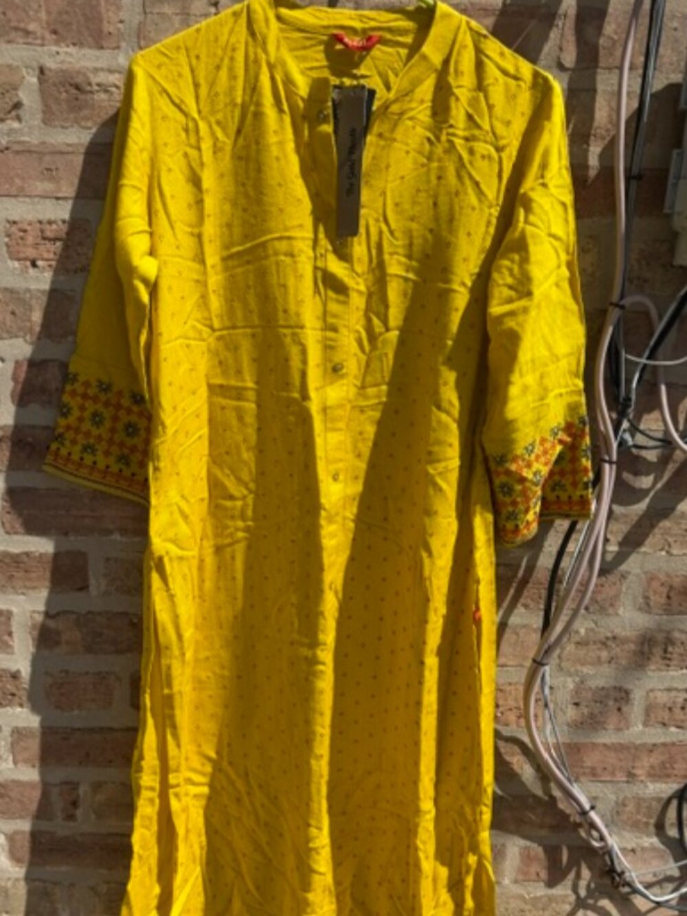 Yellow Indian Kurta – Embroidered Cuffs – Long Tunic – Women’s L